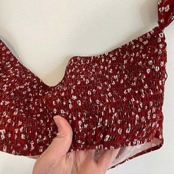 SHEIN? Rust Red White Floral Off the Shoulder Tie Bow Smocked Back Boho Crop Top - Picture 11 of 11
